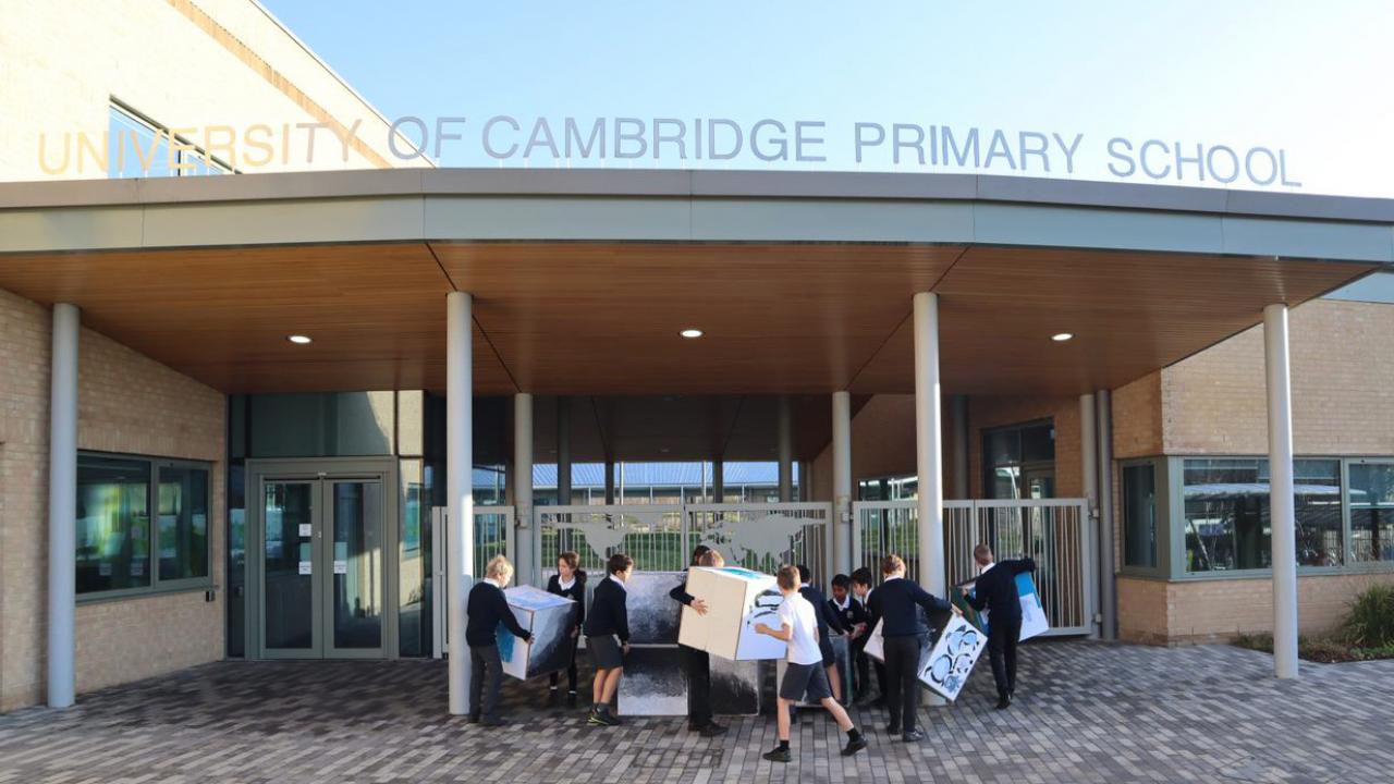 Students at the University of Cambridge Primary School create a climate-themed art project.