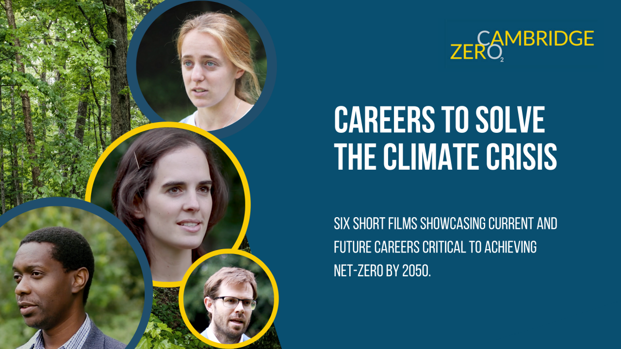 Image of a forest with blue background for text overlaid, alongside four floating heads of the film's interviewees. Text reads: Careers to solve the climate crisis. Six short films showcasing current and future careers critical to achieving net-zero by 2050.