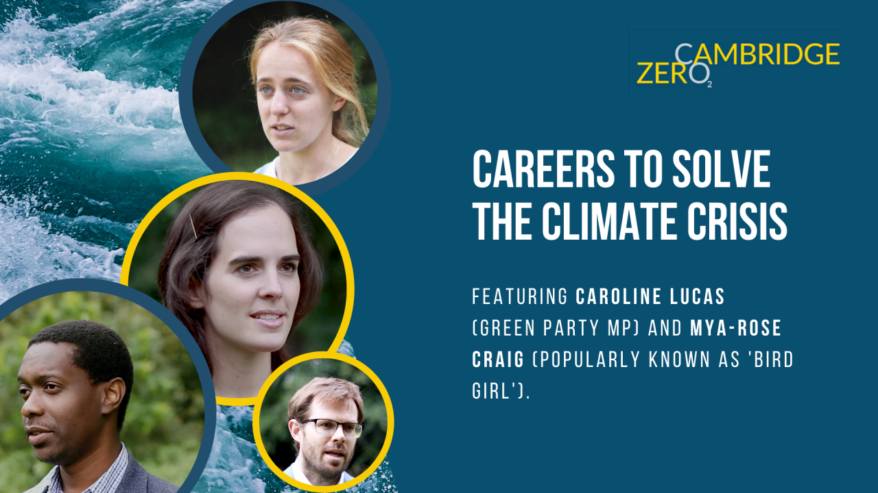 Text: Careers to solve the climate crisis. Featuring Caroline Lucas (Green party MP) and Mya-Rose Craig (Popularly known as 'Bird Girl'. Blue background with image of waves. 4 floating circles with interviewees from the film in them.