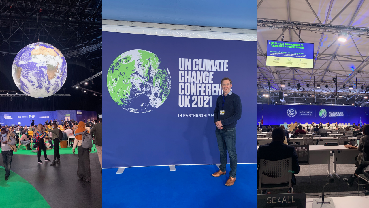 Three images from Dr Sam Strand at COP26. The first is of a hall with a large globe suspended. The Second is Sam in front of a sign saying UN Climate Change Conference UK 2021. The third is a photo of a negotiating hall.