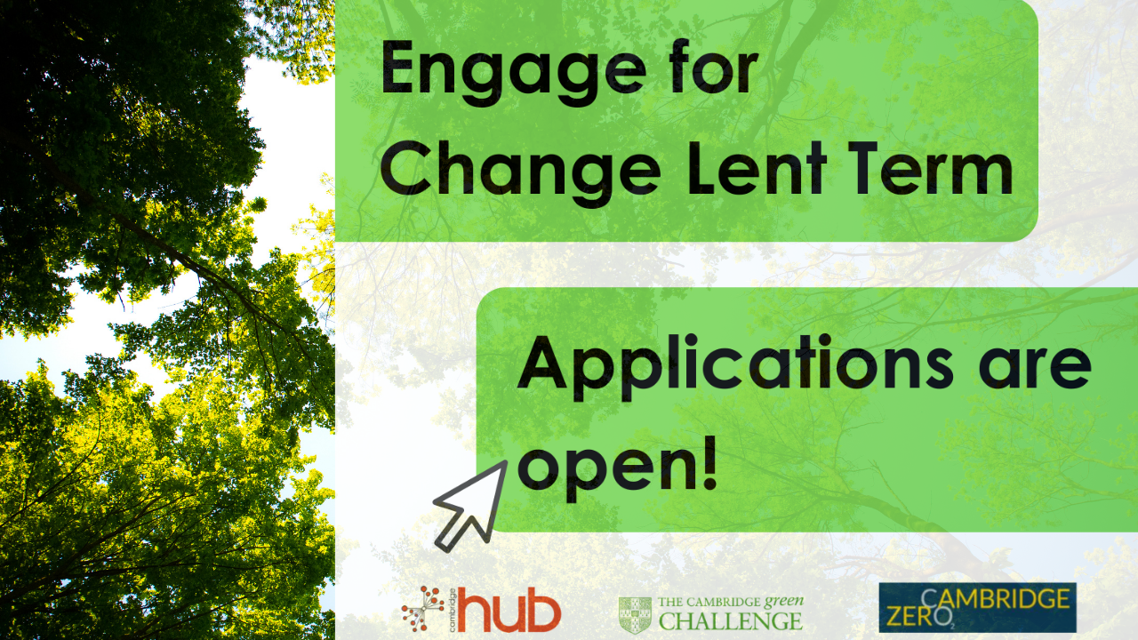 Tree canopy as background. Overlaid with text reading 'Engage for Change Lent Term, Applications are open!' With the Cambridge Hub, Cambridge University Sustainability and Cambridge Zero along the bottom of the image. 