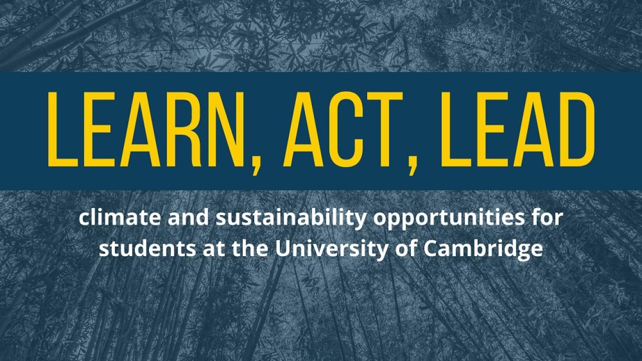 Blue background with yellow text reading "Learn, Act, Lead" and white text reading "climate and sustainability opportunities at the University of Cambridge