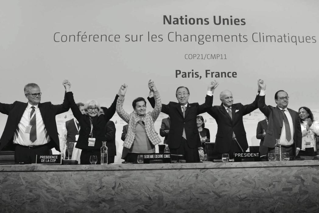 Delegates celebrate the Paris Agreement
