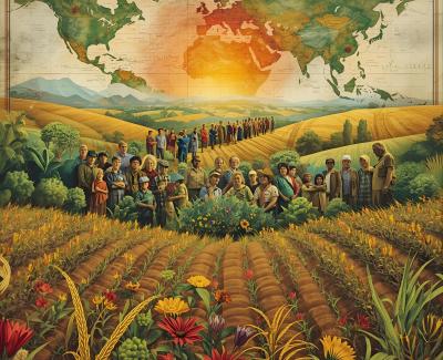 Picture of crops, with people and sun on the back. Image of world map in the background