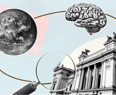 Infographic of a brain hovering above an academic building