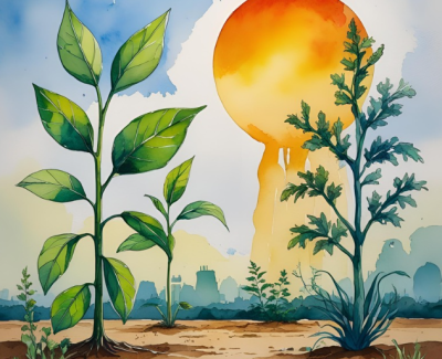 Drawing of plants and sun on the background. 